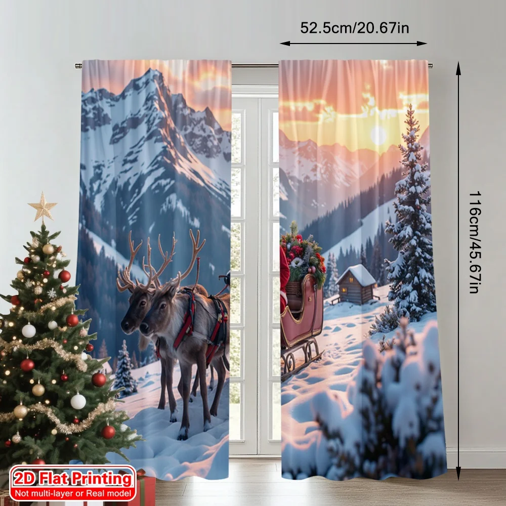 2pcs 2D flat printing Christmas Window Curtains Santa Sleigh Snowy Village Sunset 100% Polyester Without Electricity 0 Perfect