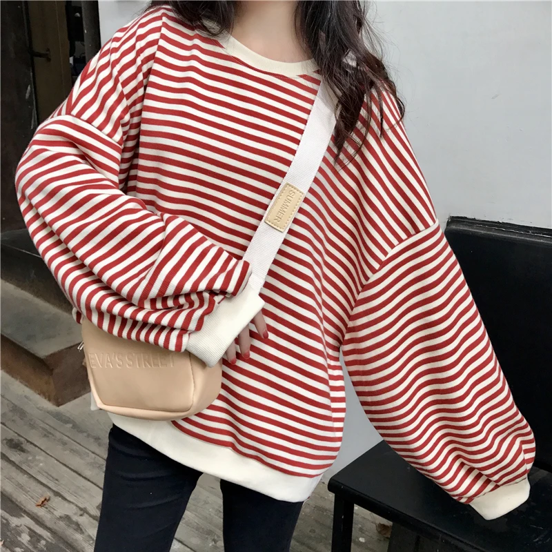 Classic Striped Sweatshirts Women Chic Couples Casual Streetwear Hoodies Female Long Sleeve Tops Students Retro Girlish Clothing