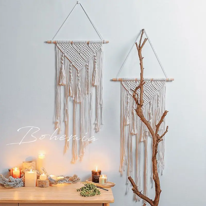 معلقة على الحائط منسوجة يدويًا من بوهو - نسيج مكرامية لغرفة نوم Kawaii وBnB، ديكور غرفة جمالي جذاب #3