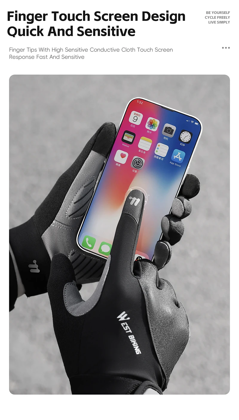 WEST BIKING Stoßfeste Vollfinger-Fahrradhandschuhe für Herren, SBR-Handflächenpolster, rutschfest, atmungsaktiv, Touchscreen-fähig, MTB, Rennrad, Sport-Handschuhe – Detail 6