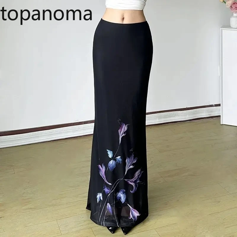 

Topanoma Long Skirts Women Elegant Floral Printed Mesh Slim Sexy Fashion Temperament Vintage Chic Party Skirt Office Lady Casual