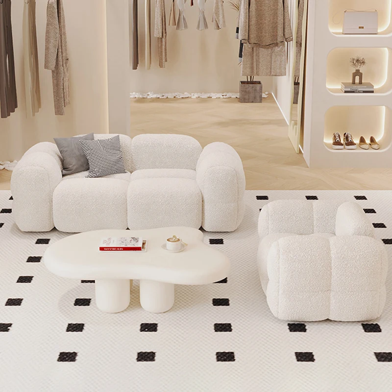 Fabric Sofa Cream White Small-sized Double Seat Living Room Sofa Modern Beauty Salon Wooden Reception Sofa Set