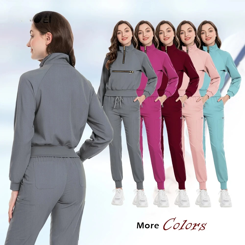 

Медицинская форма, женские наборы скрабов, медицинские скрабы, топ, брюки, с длинными рукавами, на молнии, воротник-стойка, униформа, высокое качество, женский скраб