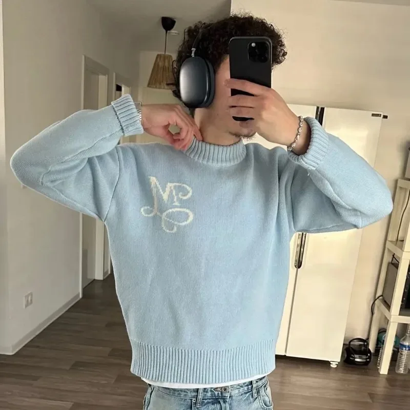 

Мужской вязаный свитер оверсайз с вышивкой Street Sle Letter, уникальный дизайн в стиле High Street, трендовый Y2K, с длинными рукавами и круглым вырезом