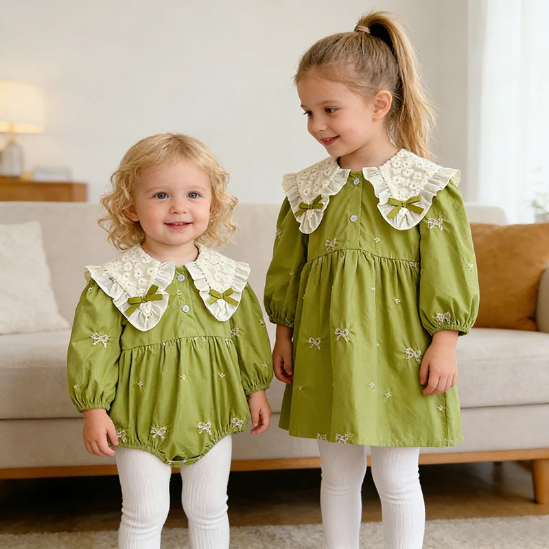 2026 neue Frühling Schwester Kleid Mädchen Party Kleid 2-6Y Lange Ärmeln Baumwolle Stickerei Kinder Prinzessin Kleid 0-24M Baby mädchen Bogen Strampler