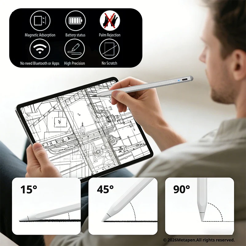 MetaPen A8 Magnetic Stylus For Apple Pencil 2018-2026, 0.1mm Pixel Precise, Palm Rejection For iPad Pencil A16 M5 11/10/9/8/7th