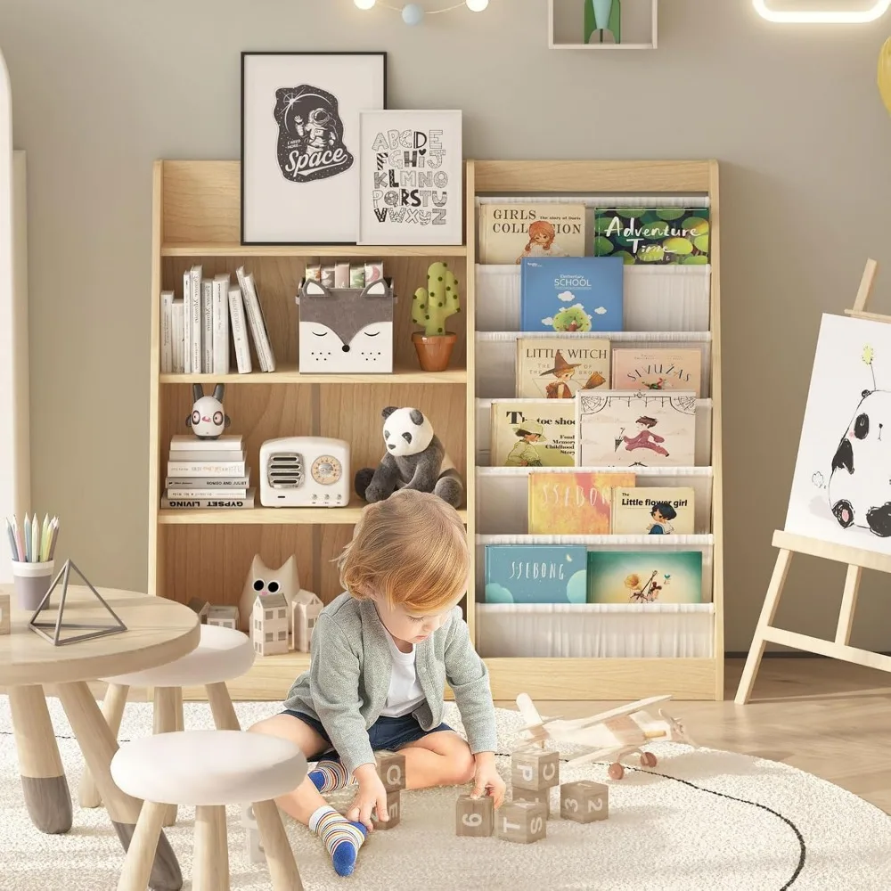 4-stufiges Kinder-Bücherregal, Baby- und Kleinkind-Bücherregal, Kinder-Bücherregal, Spielzeug-Aufbewahrungsorganisator mit 6 Schlingen, verstellbares Regal für Kinderzimmer, P