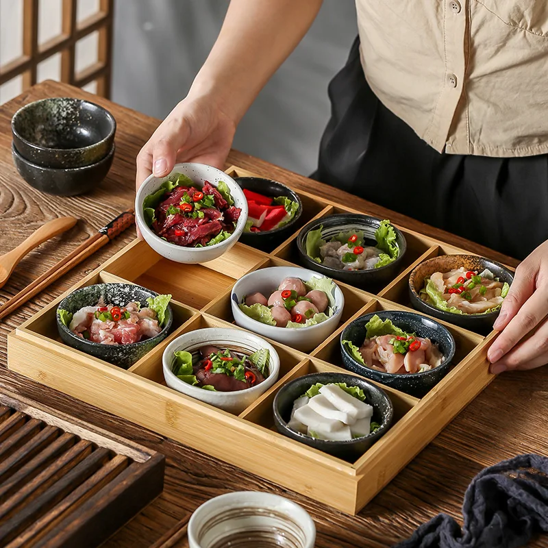 

Japanese Bento Box with 9 Compartments Bamboo Storage Tray with Lid Creative Divided Plate for Hot Pot Restaurant Serving Tray