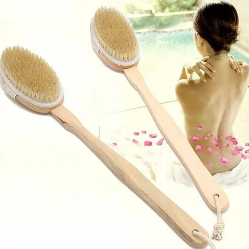 Soft Bath Back Massage Brushes Long Wooden Handle Bristle Brush Wet Dry Skin Body Exfoliating Scrubbers Natural SPA Shower Tools