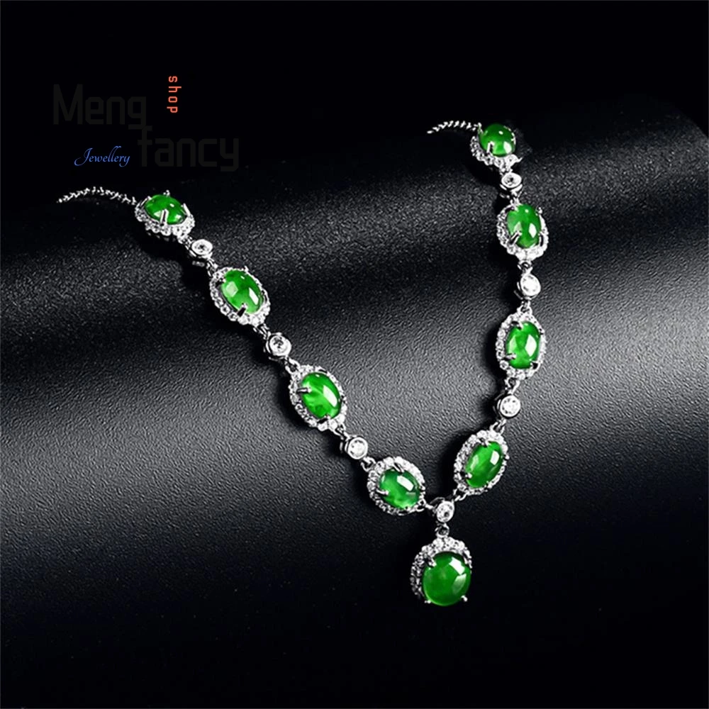 

High-end Natural A-grade Jadeite Yang Green Egg Surface S925 Silver Inlaid Ice-type Jade Pendant Fashion Luxury Quality Jewelry