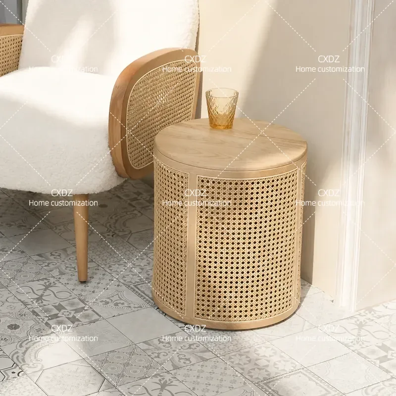 Nordic Solid Wood Rattan Coffee Table Round Storage Corner Side Table Japanese Style Cylindrical Edge Small Living Room