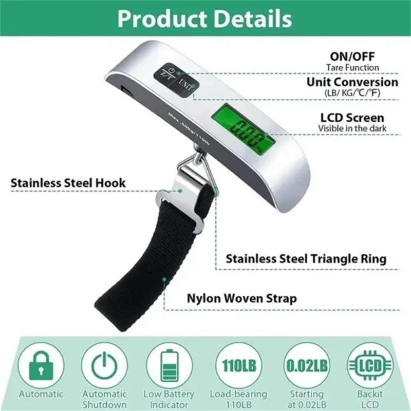 Imagem -05 - Portátil Lcd Digital Hanging Scale Bagagem Mala Bagagem Balanças de Viagem com Cinto Ferramenta de Peso Eletrônico 50kg 110lb