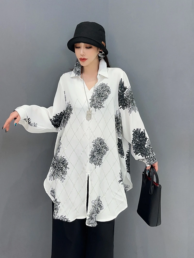 

SuperAen 2024 Spring and Autumn New Long Sleeved V-neck Shirt Fashion Print Loose Casual Shirt