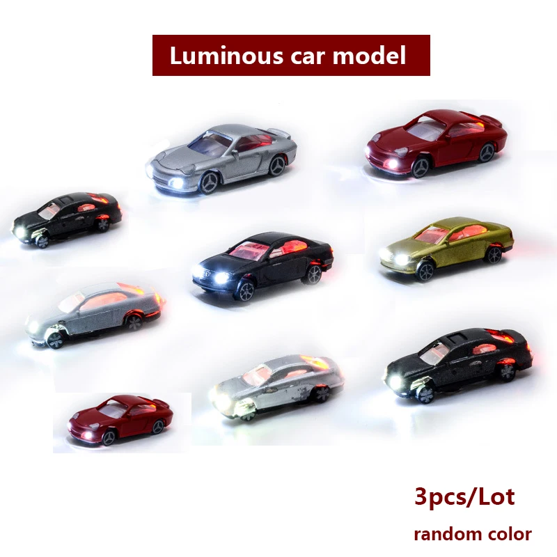 Simulation Miniature 3V Luminous Car Model Scale 1:75-1:200 Vehicle For Building Sand Table Scene Materials Diorama Kits 3Pcs