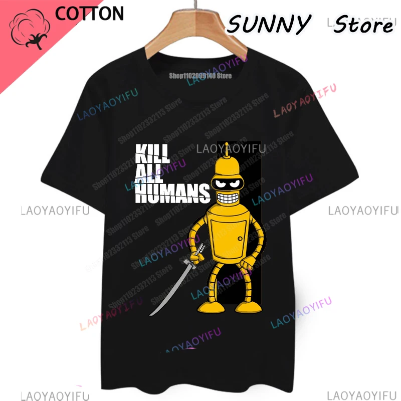 Famous Flevans Robot Bender Kill All Humans Print Men T-shirt Men Short Sleeve  Short-sleeved Top Tee Fashion Hip Hop T Shirts