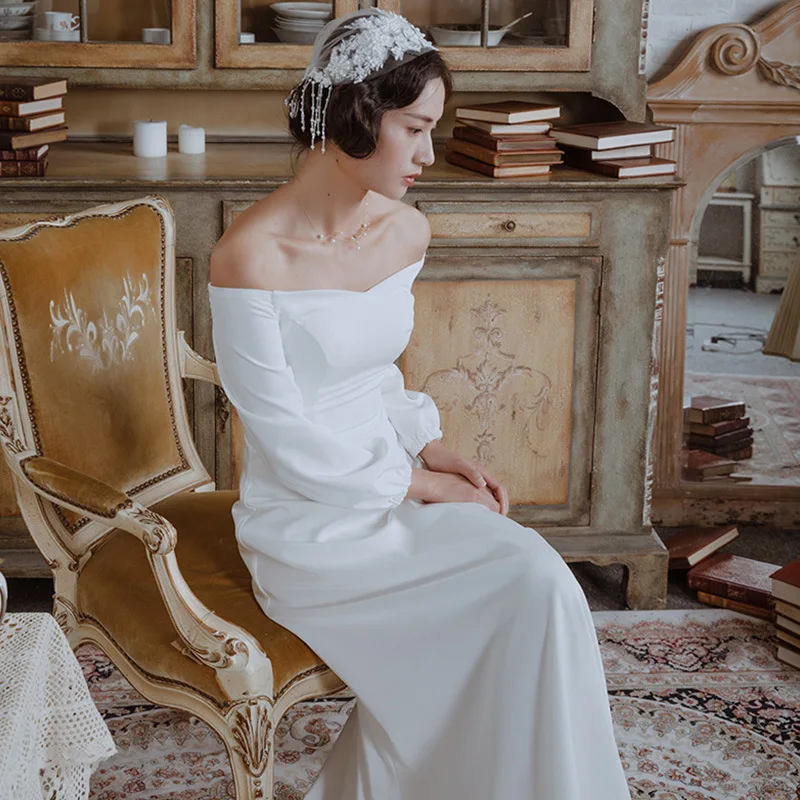 2023 abiti da sposa con spalle scoperte maniche lunghe abito da sposa a trapezio in raso servizio fotografico Tour Backless Robe De Mariée abito da sposa