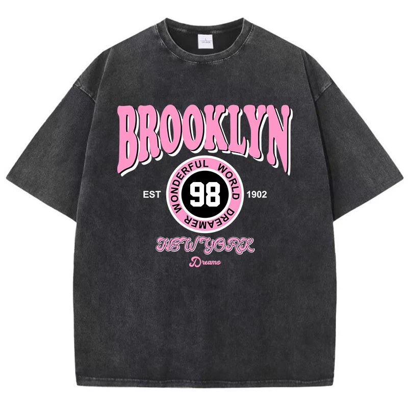 

Fashion Women Washed T-Shirts Brooklyn Wonderful World Dreamer Printed Tee Shirts Cotton Oversize Crewneck Tees Street Clothes