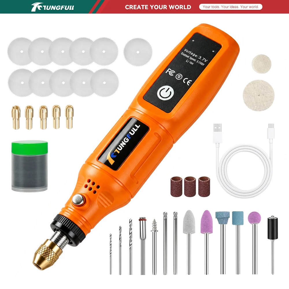 TUNGFULL 3.7V Cordless Rotary Tool Rechargeable Engraving Pen Single Speed Drill For Jewelry Wood Craft Polishing