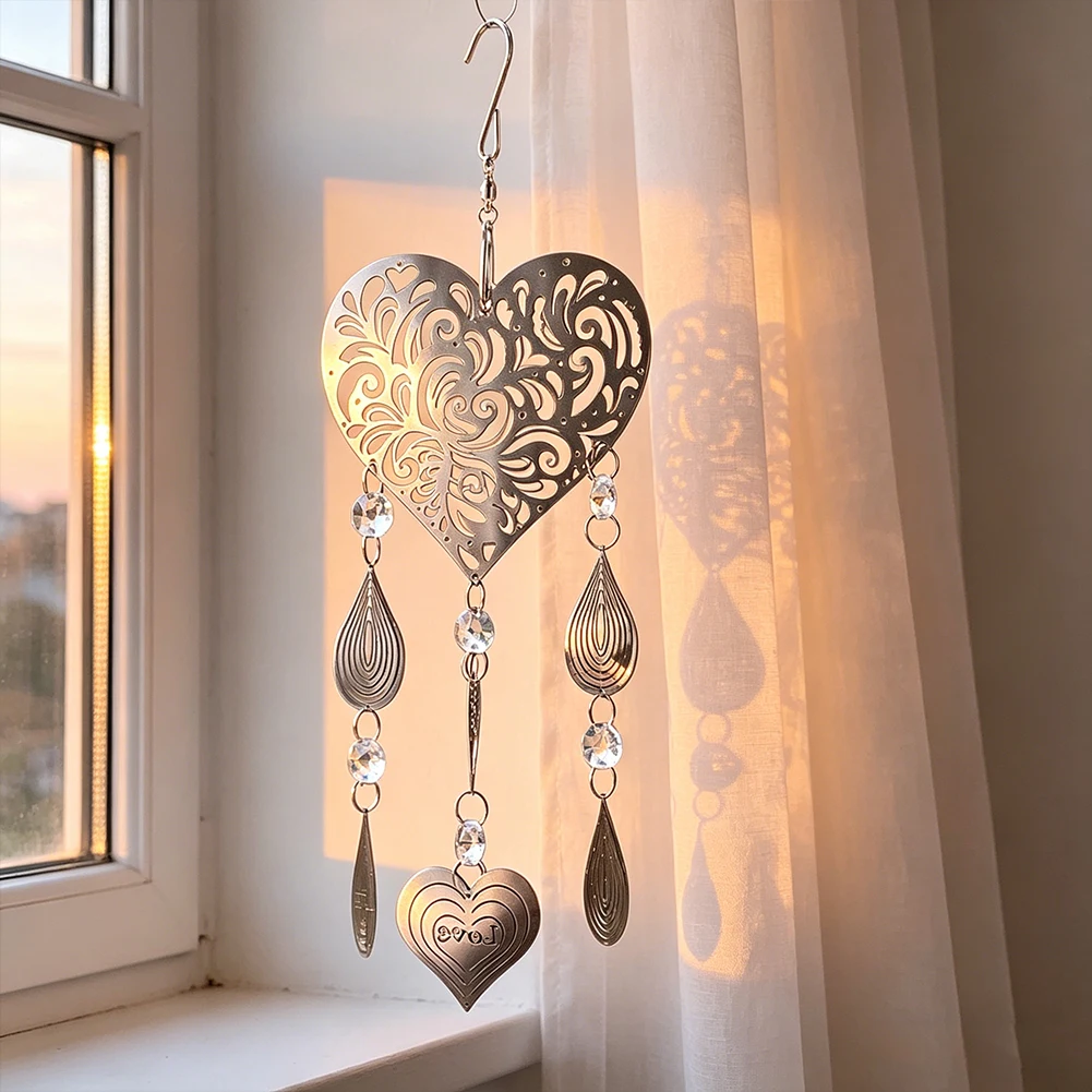 Heart Crystal Suncatcher Metal Wind Chime with Love Engraving Suitable for Garden Window Home Decor and Valentine Gift