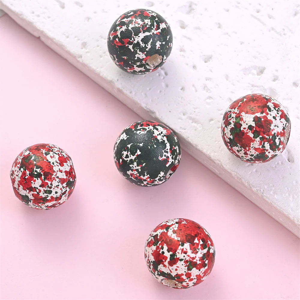 16mm 10 Stück Weihnachts-Holzperlen mit bemaltem Rot-Grün-Splatter-Graffiti, Vintage-Optik, große Löcher für DIY-Bastelarbeiten und Girlandenherstellung – Detail 6
