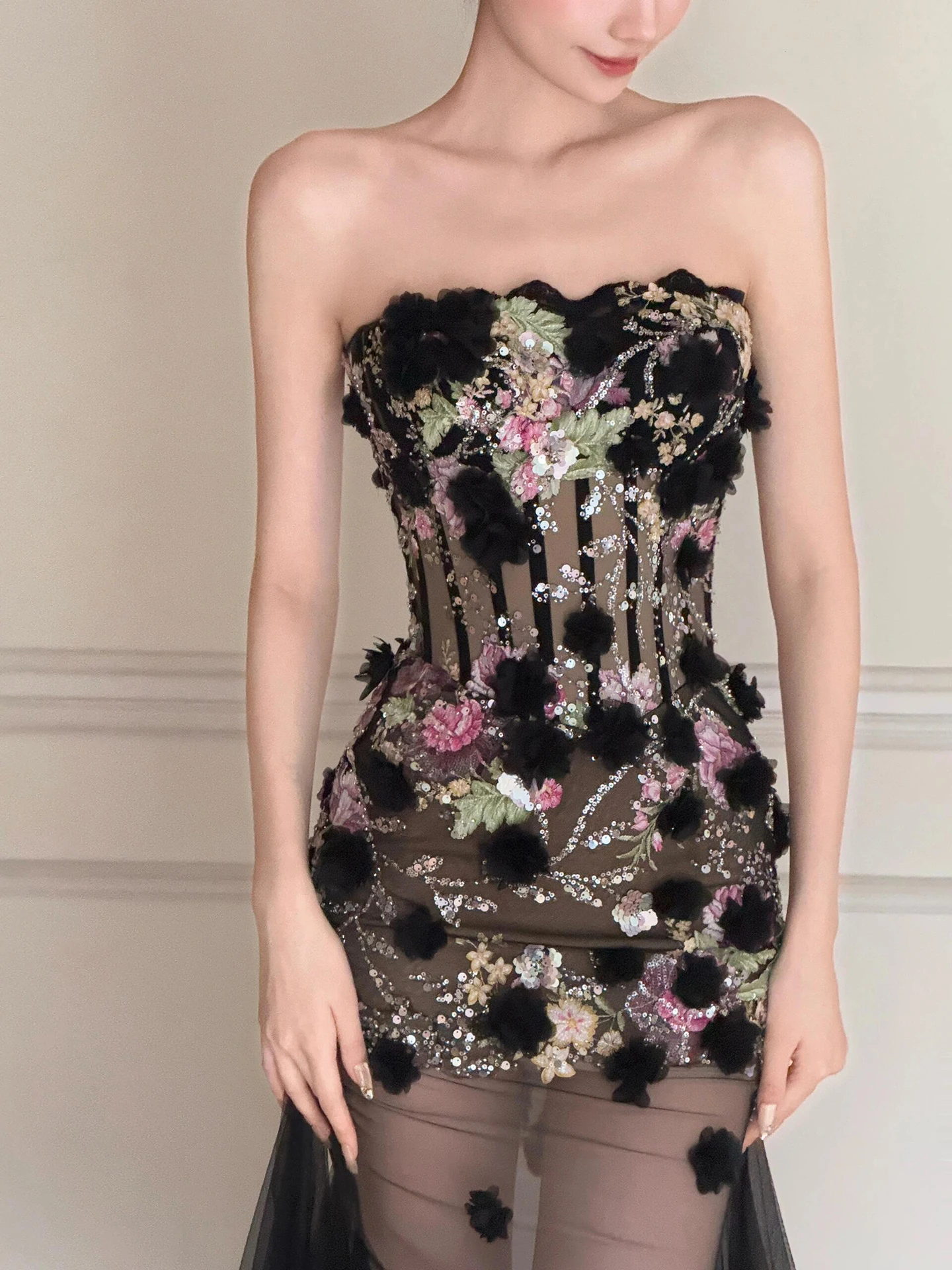 L & P DQL Studio Sexy noir robes de soirée sans bretelles fermeture éclair dos Tulle avec broderie fleurs perles paillettes cristal robe de soirée