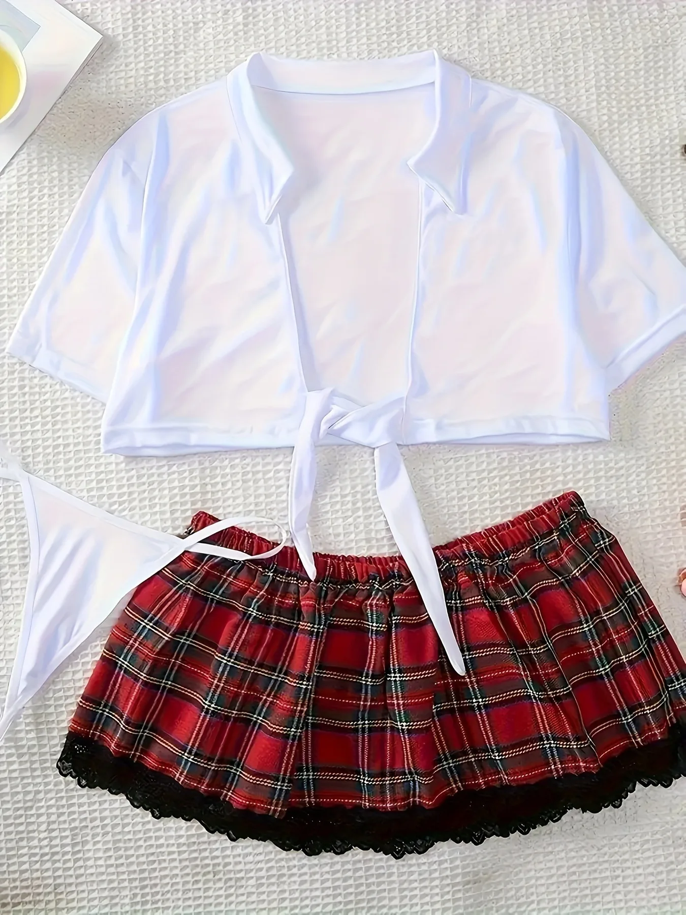 Porn Suit School Girl Cosplay Costume Women Erotic Sexy Lingerie Roleplay White Short Top and Plaid Miniskirt Panties Set