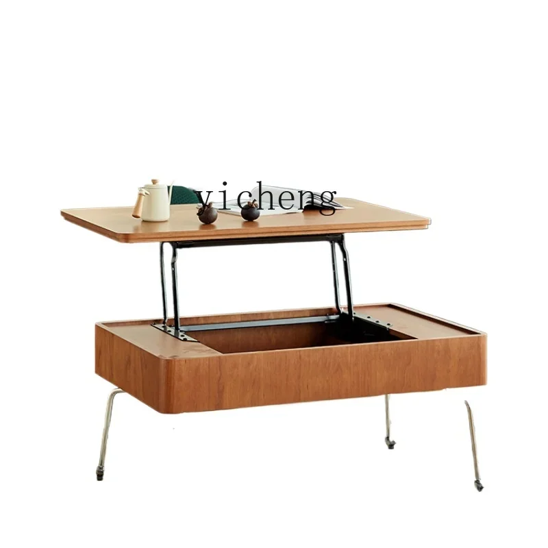 v6 Lifting Coffee Table Cherrywood Color Stainless Steel Feet Storage Small Living Room Change Dining Table in Seconds