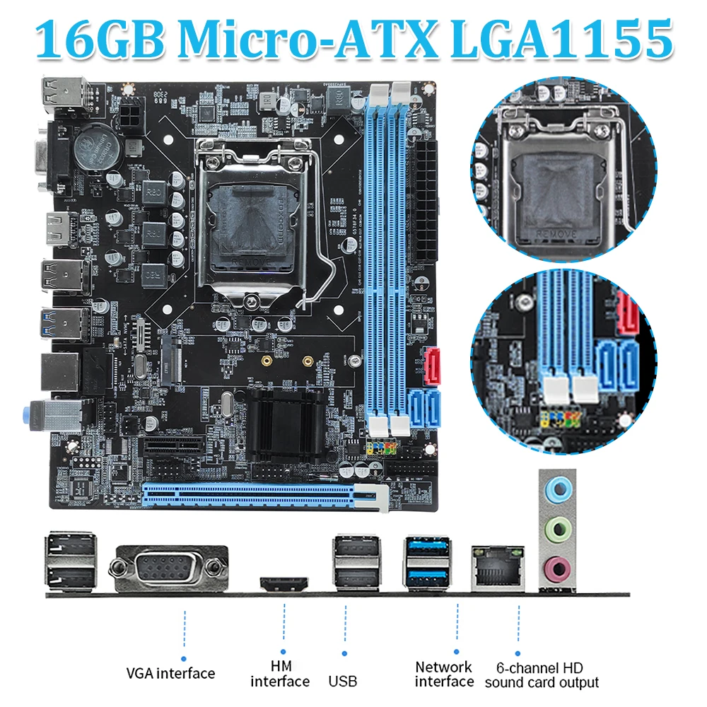 

B75 Материнская плата LGA1155 Разъем 16 ГБ Micro-ATX Компьютерная материнская плата VGA + HDMI-совместимый + порт RJ45 Realtek Встроенная локальная сеть 10/100 Мбит/с