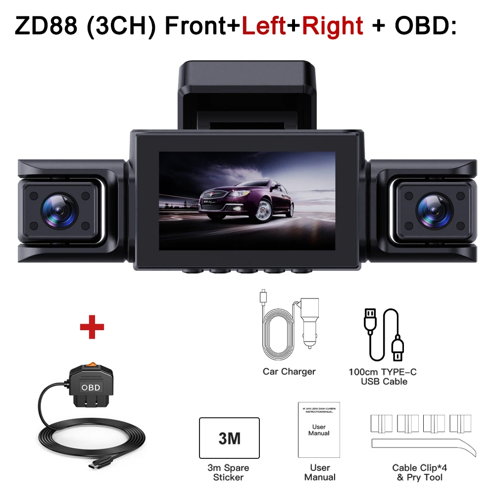 BEPOCAM 4CH Dash Cam 4K voor auto 360 °   Bekijk DVR-camera 24-uurs parkeermodus GPS WiFi- en APP-bediening Videorecorder Nachtzicht ZD88A