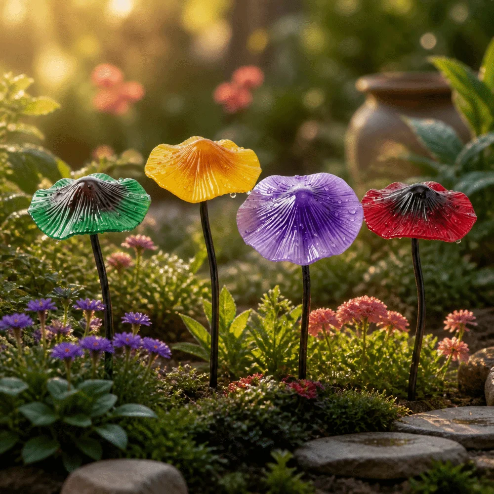Colorful Garden Decoration Funny Simulation Flower Mushroom Decorative Pile Ornaments Rusty Metal Mushroom Ornaments
