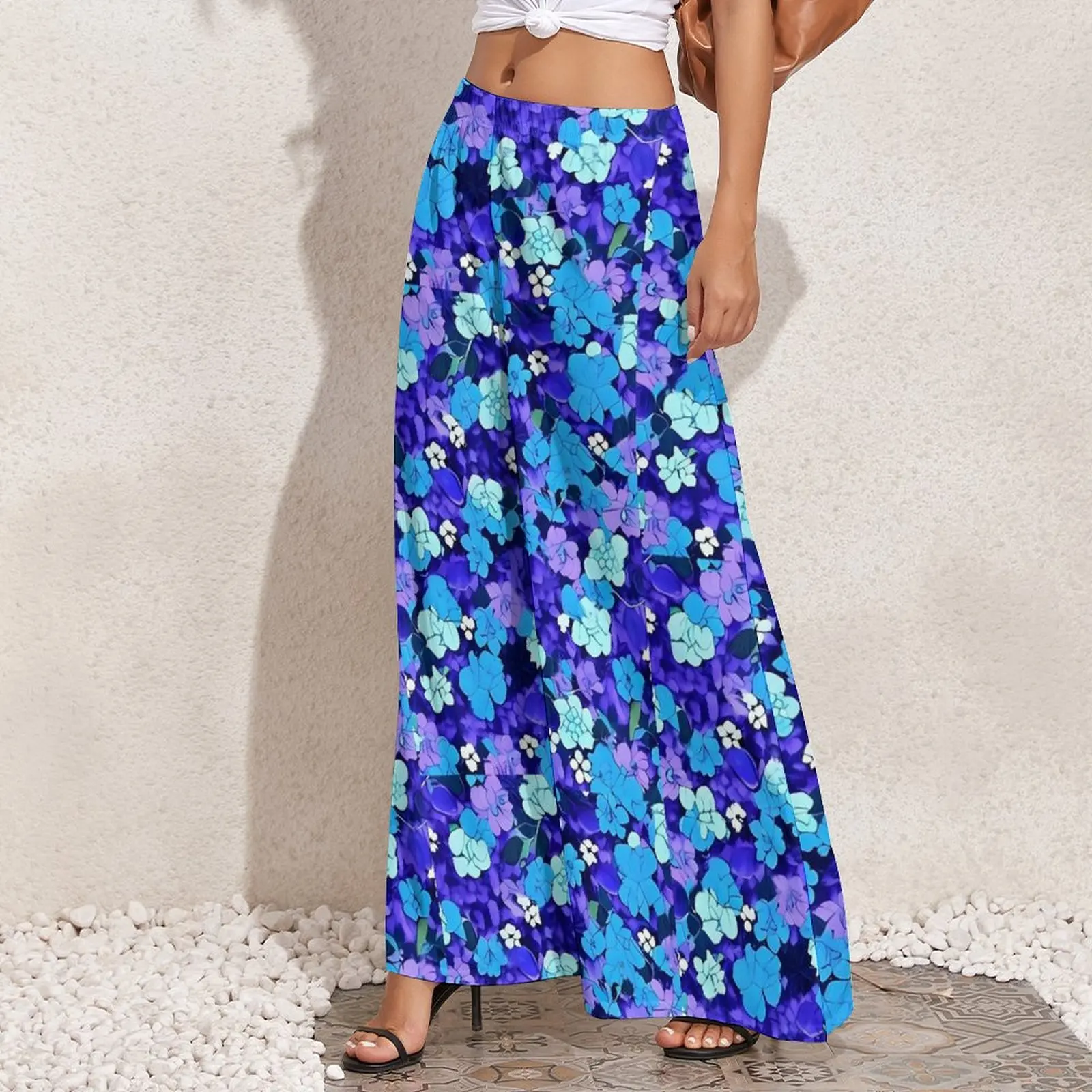 Blue Flower Pants Ditsy Floral Print Street Fashion Straight Wide Pants High Waisted Trendy Trousers Big Size 4XL 5XL