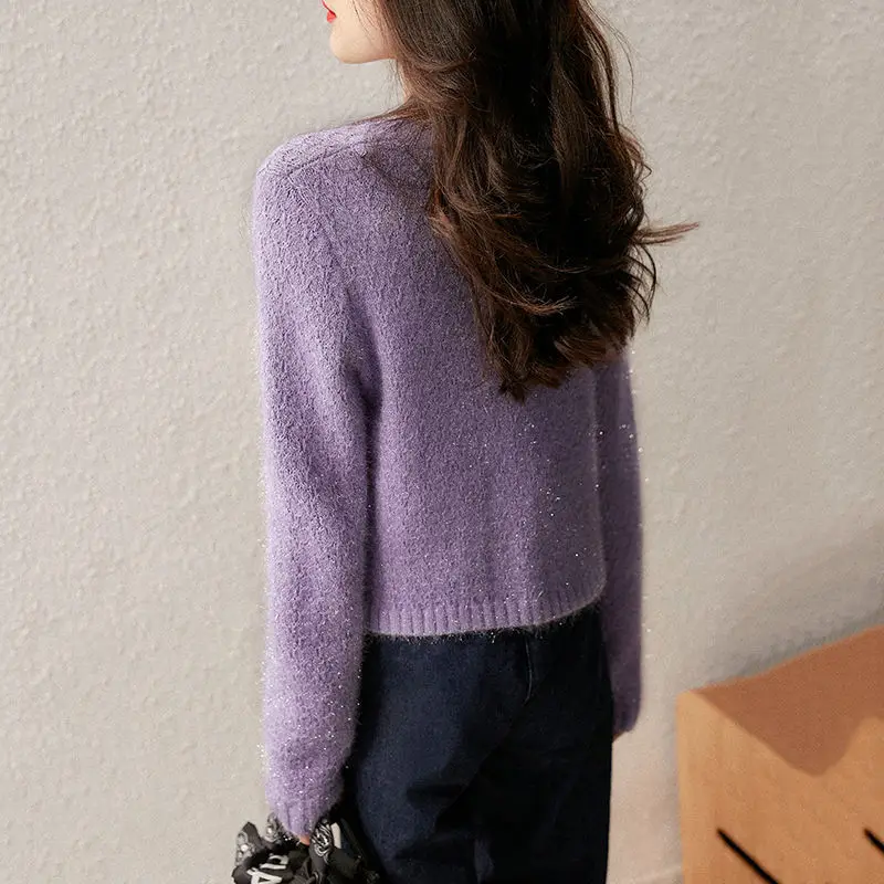 Purple Knit Wear Solid O Neck Elegant Autumn Short Cardigans Women Korean Vintage Soft Winter Sweaters Female Warm