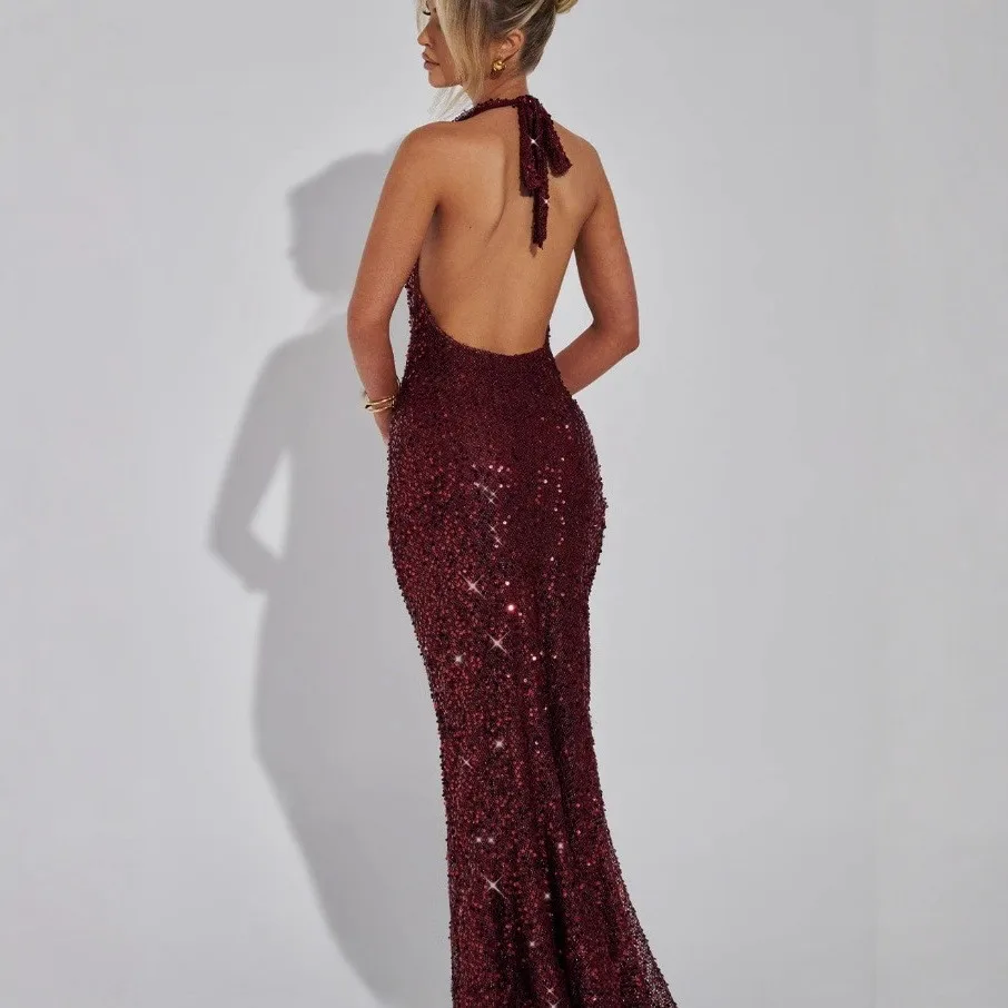 Elegant Party Dress For Woman Spaghetti Strap Sequin V Neck Sleeveless Evening Dress Halter Neck Backless Burgundy Maxi Dress