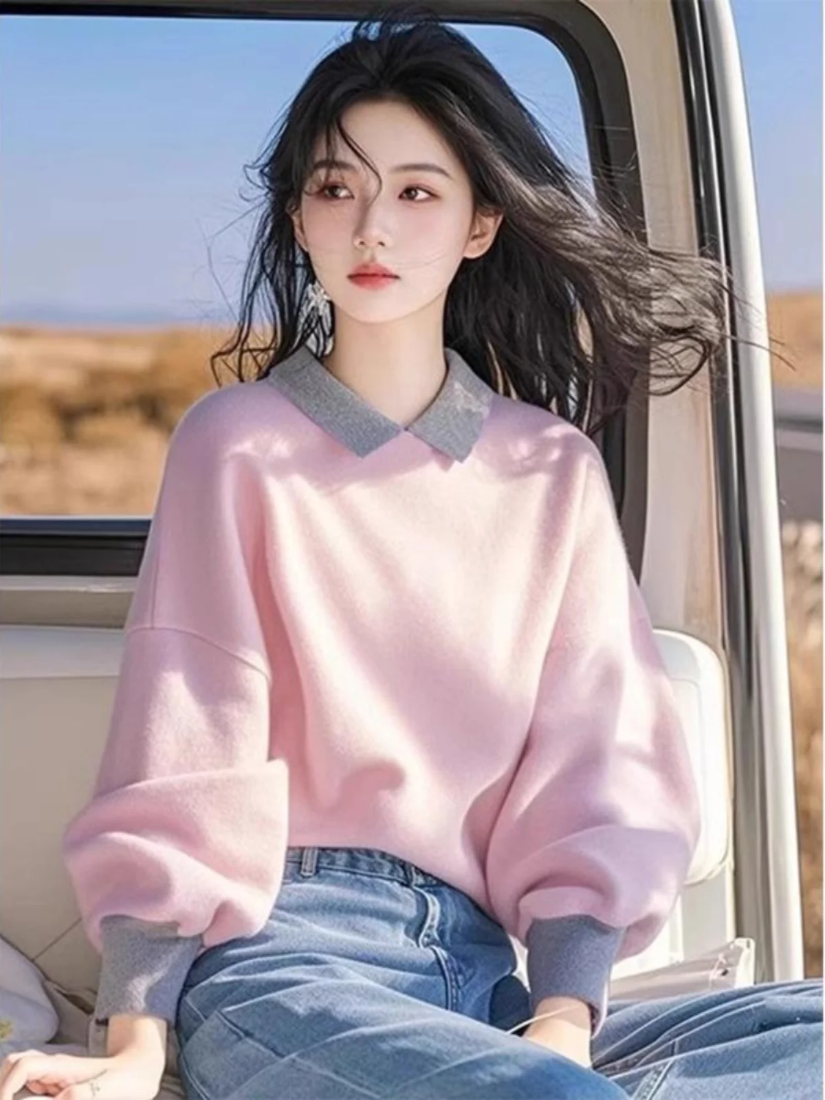 Modny, unikatowy różowy sweter w kształcie latarni, damski, wiosenny, nowy, wygodny, luźny krój, długi rękaw...