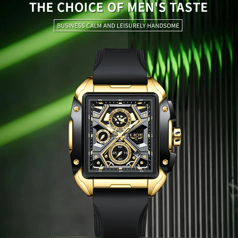 LIGE-Relógio Quadrado de Quartzo de Silicone Masculino, Impermeável, Casual, Esporte, Militar, Oco, Cronógrafo, Relógio, Caixa, Moda de Luxo
