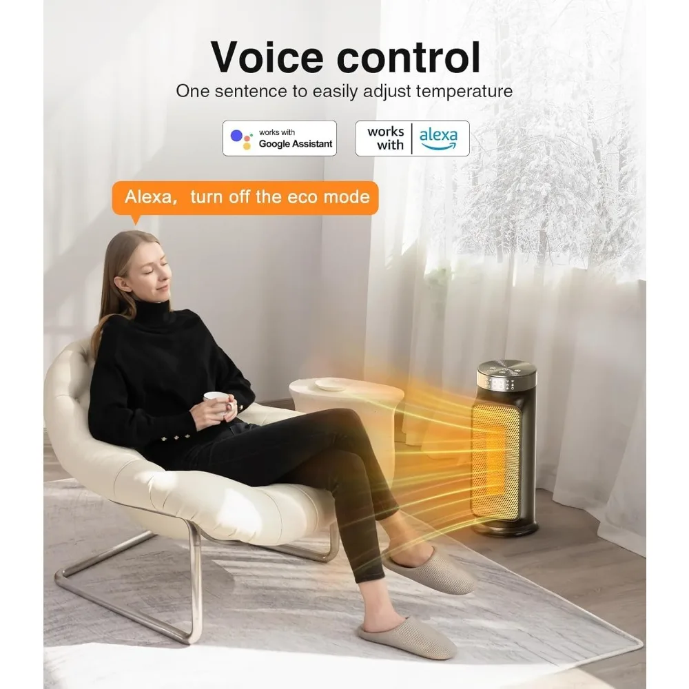 سخان كهربائي ذكي بقدرة 1500 وات للمساحات الداخلية - تحكم WiFi/App، جهاز تحكم عن بعد، مؤقت 24 ساعة، 5 أوضاع