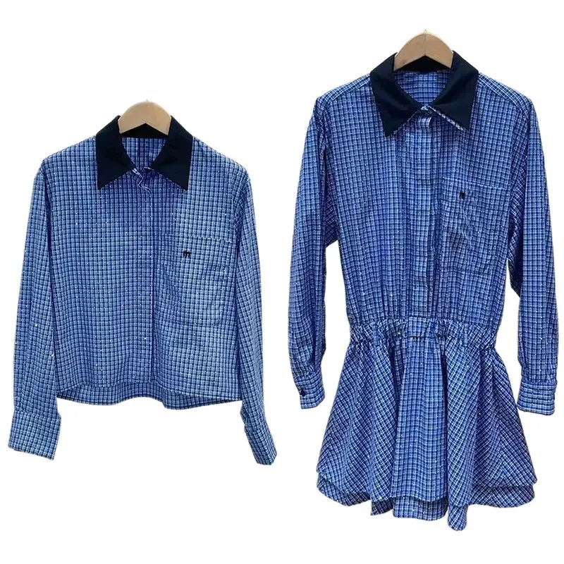 

Women's Plaid Set POLO Collar Single Breasted Long Sleeved Shirt + Waist Cinched Mini Dress Hot Diamond Decoration Suit