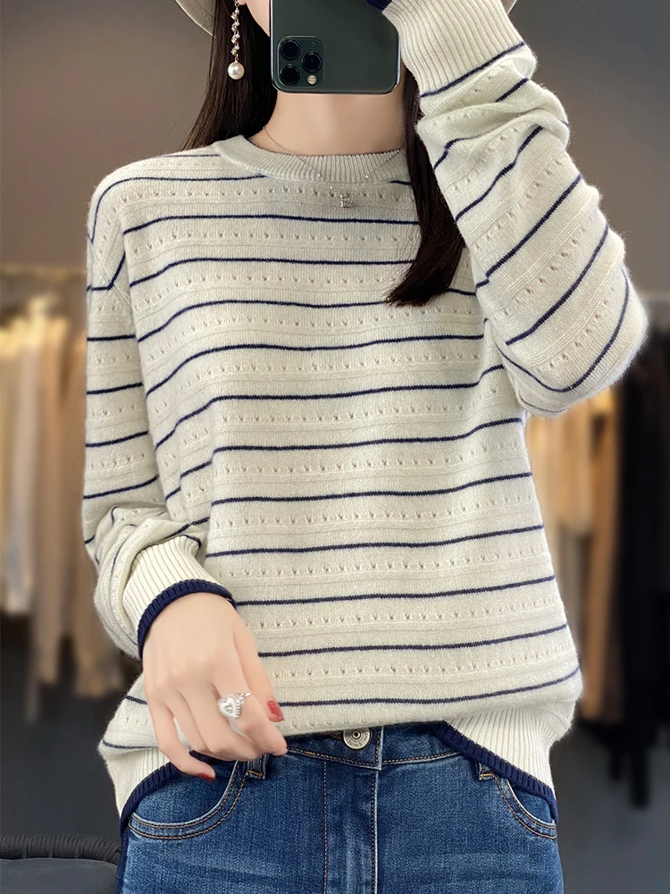 

100% Merino Wool Women's O Neck Pinstripe Warm Long Sleeve Soft Gentle Touch On Skin Pullover Versatile Autumn Winter Sweater
