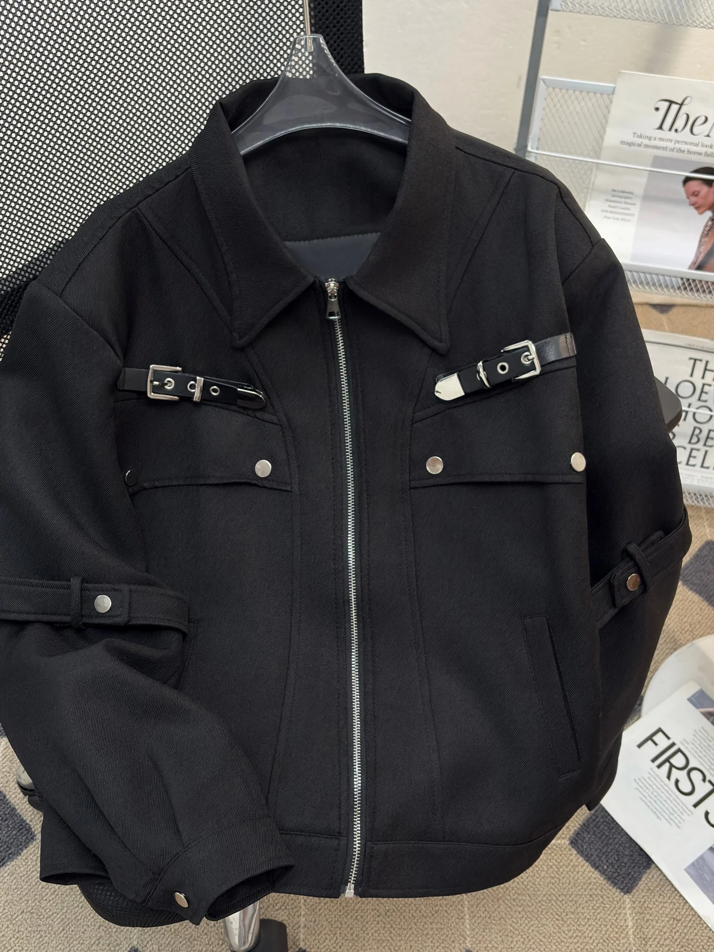 Trendy Men's Biker Jacket Autumn Season Unique Design Metal Buckle American Style Workwear Top Coat Loose Fit Youth Fashion