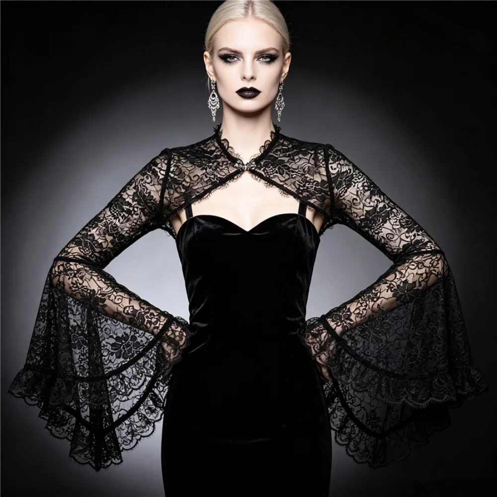 Women Chic Gothic Hollow Out Crop Top Lace Smock With False Collar Flare Sleeves Elegant Top For Party Evening Occasions