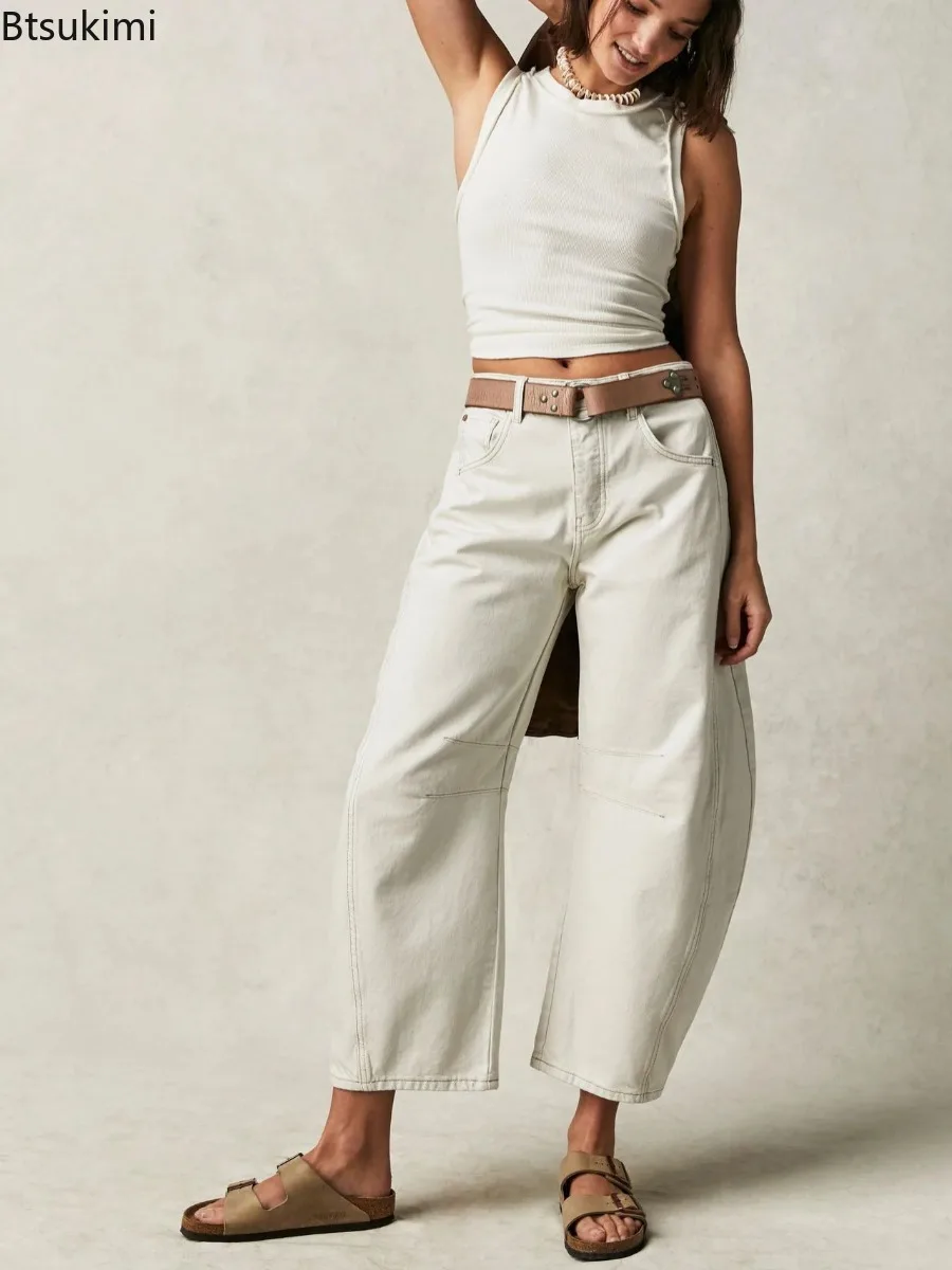 جينز نسائي عتيق موديل 2025 موضة جديدة تصميم ربط الركبة سراويل مستقيمة للسيدات سراويل فضفاضة غير رسمية متوسطة الخصر