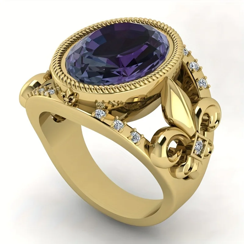 2024 New Exquistie Sparkling Purple Cubic Zirconia Rings with 18K Gold Plated Men‘s Hollow Design Retro Finger Ring Jewelry