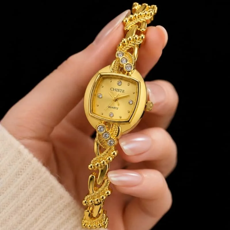 Elegant Small Square Gold Ladies Watch Fashion Crystal Twisted Chain Bracelet Wristwatch Luxury Quartz Clock Gift For Women