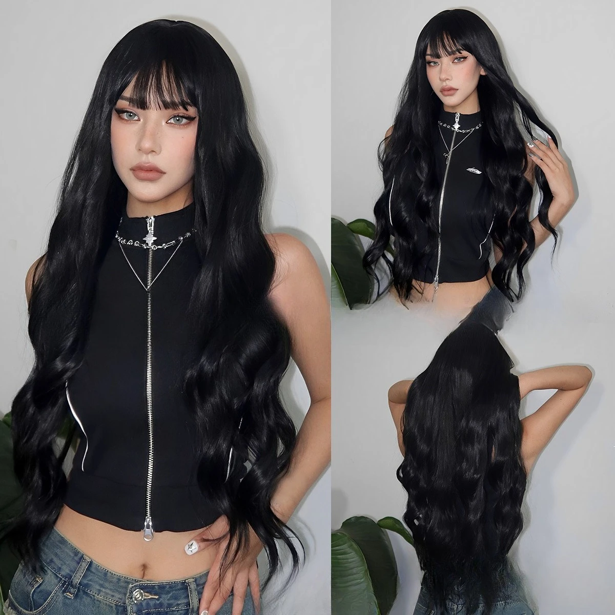 

Black wig Qi bangs long curly hair full head cover European and American chemical fiber women's hair wig