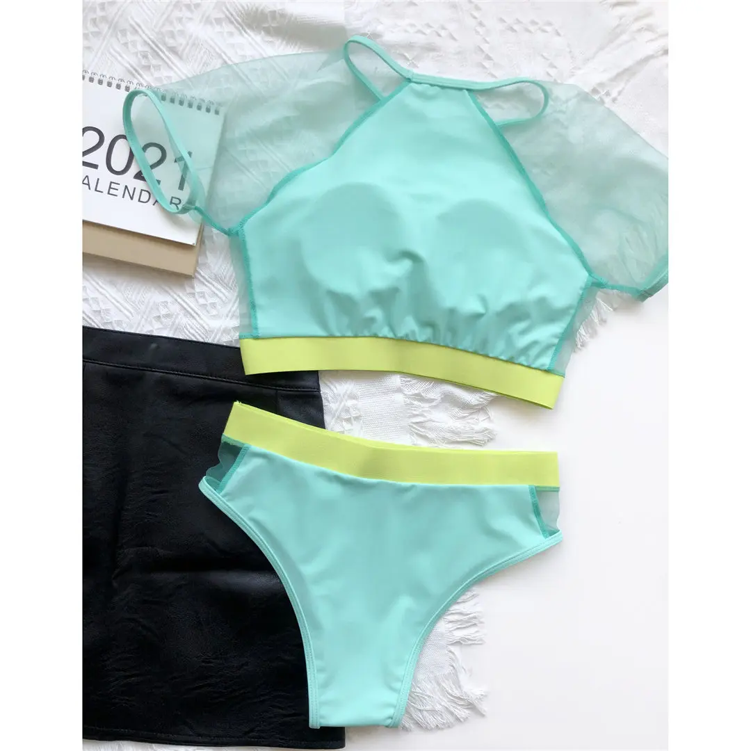Kurzarm-Badeanzug mit Mesh-Einsätzen, Damen-Bikini mit hoher Taille, zweiteiliger Bikini-Set, Badebekleidung, Badeanzug, Modell V2871. – Detail 29