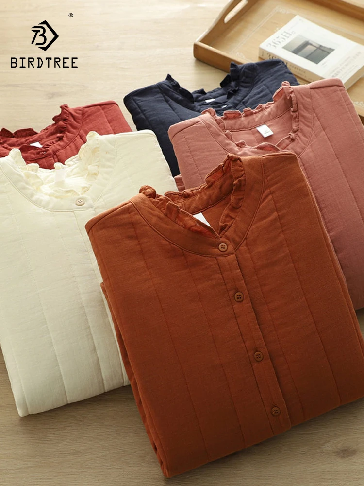 

New 2025 Winter Cotton Padded Long Sleeve Shirt, Women Stand Ruffles Patchwork, Mori Girl French Chic Warm Loose Blouse T5D484CC