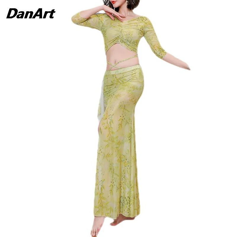 Belly Dance Lady Sexy Mesh Top+Split Skirt Outfit Set Oriental Indian Dance Goddess Split Skirt Women's Training Performance Set