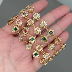 1 Meter 7mm Square Multi Color Cubic Zircon Chain Yellow Gold Plated Brass Chain DIY
