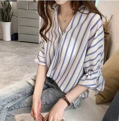 

Faionable корейский Sle женский ort Sve полосатый шифон irt весна лето Новое поступление V-Ne Slim Fit для поездок на работу Sle