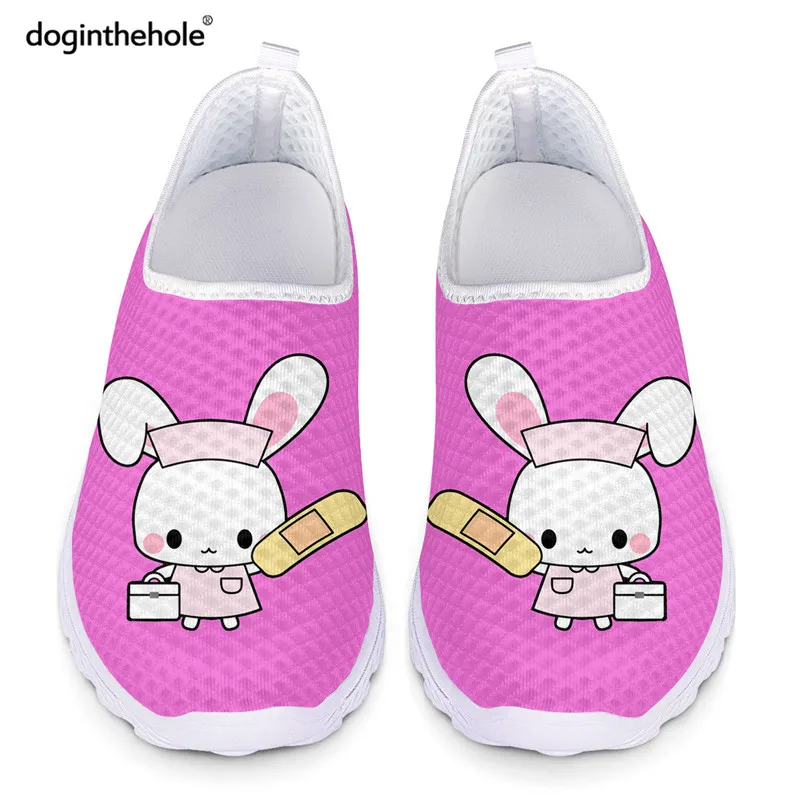 Doginthehole Female Casual Mesh Shoes Kawaii Nurse Rabbit Print Slip On Flats for Women 2021 Summer Breathable zapatillas mujer